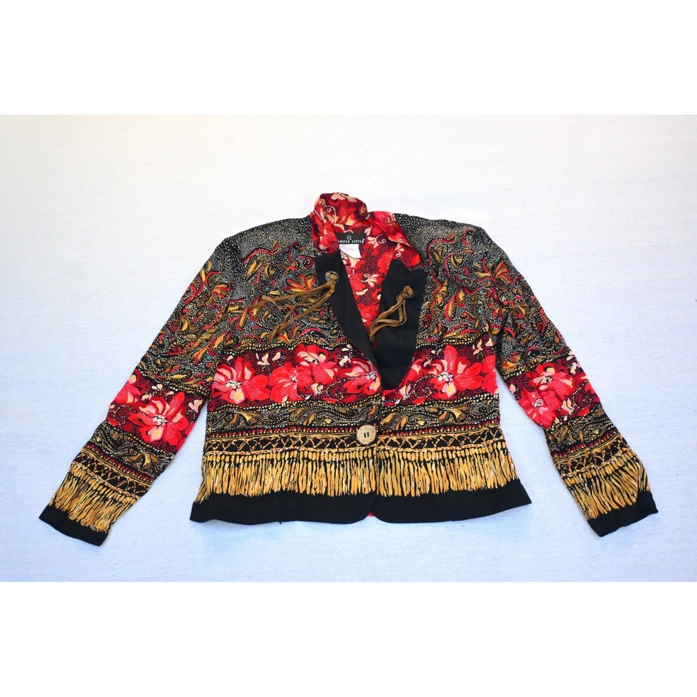 Carole Little Vintage 90s Womens 6 Fringe Jacket Black Red Floral Print USA Bold
